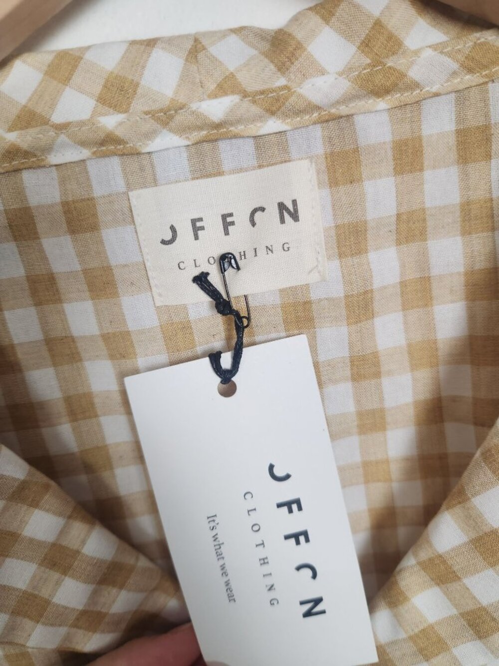 Offon Clothing Women's Sz. L Short Sleeve Button Down Tan Gingham Dress NWT - Picture 2 of 4